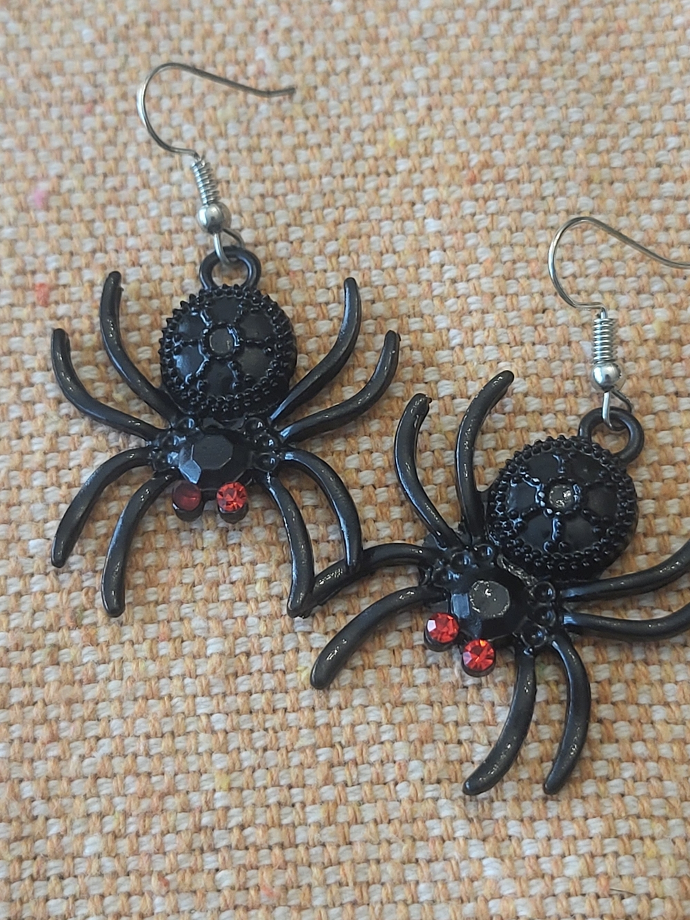 Black Spider Drop Earrings with Red Accent - Halloween Jewelry